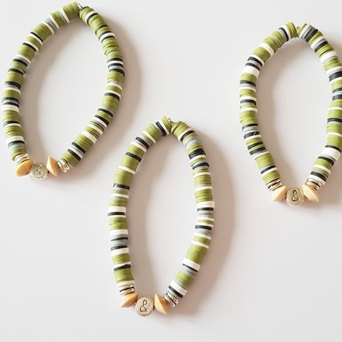 Trio mere / fils / fille bracelets heishi vert kaki blanc elastique - idée cadeau fête des mères anniversaire maman enfant 