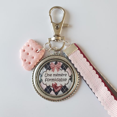 Porte-clef mémère formidable coeur fimo biscuit rubans rose  /  idée cadeau noël fête anniversaire grand mère
