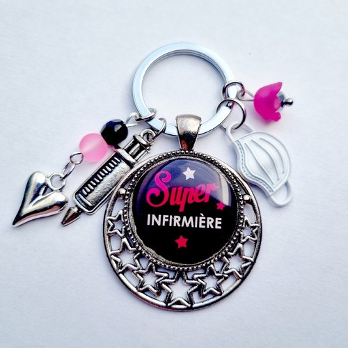 Porte-clef super infirmière breloque seringue masque fleurs coeur étoile noir rose idée cadeau remerciements collègue patient