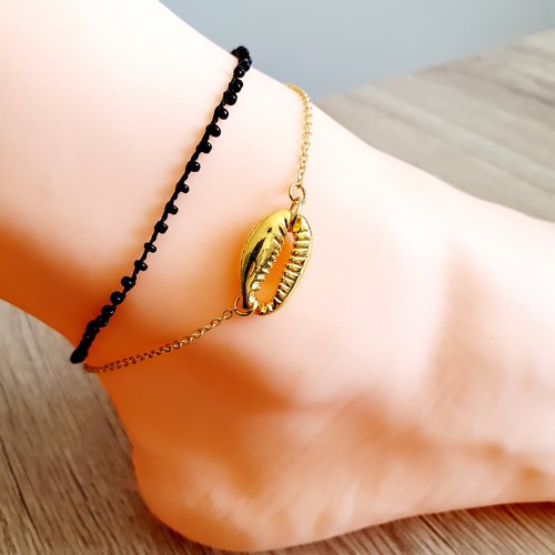 Bracelet de cheville cauris coquillage doré perles noir losange idee cadeau anniversaire fête des mères femme