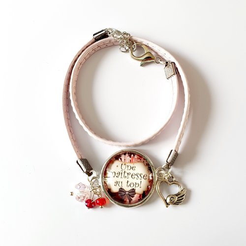 Bracelet maitresse cuir rose coeur taille adaptable idée cadeau fin d'année scolaire remerciements