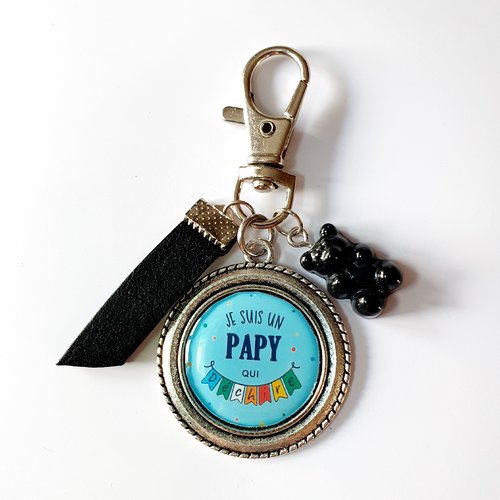 Porte clés papy qui déchire ourson bonbon noir et bleu idée cadeau grand père anniversaire fête des papys
