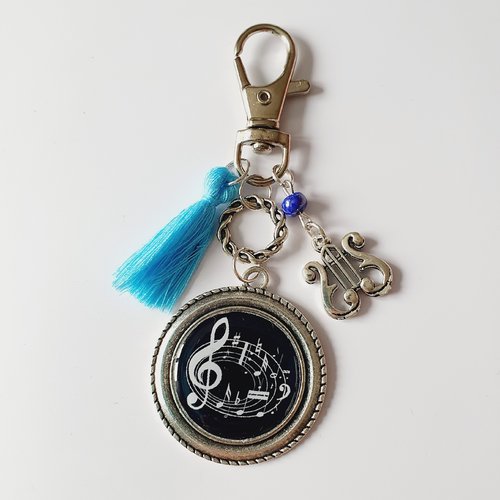 Porte-clef musique pompon bleu et noir- idée cadeau musicien professeur de musique noël anniversair