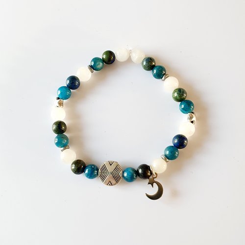 Bracelet inspiration confiance en soi azurite malachite apatite bleu et pierre de lune perles de gemmes lune