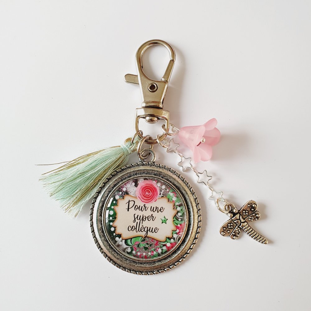 Porte-clés pompon fleur cuir médaille, trèfle Argent personnalisable
