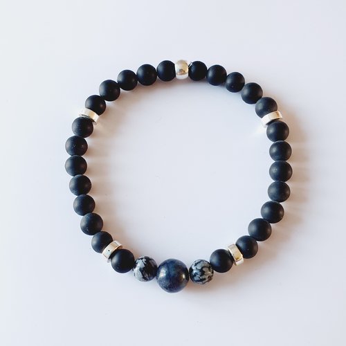 Bracelet homme pierres naturelles perles de gemmes agate noire obsidienne