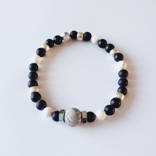 Bracelet homme pierres naturelles perles de gemmes agate noire howlite jaspe picasso