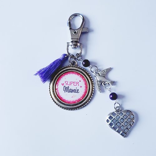 Porte clés super mamie coeur hirondelle pompon violet rose idée cadeau noël fête des mamies grand-mère anniversaire