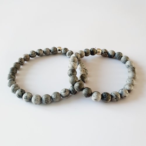 Duo mere / fille / fils bracelets perles naturelles jaspe gris et noir elastique - idée cadeau fête des mères anniversaire