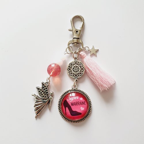 Porte clés "super marraine" fée pompon rose idée cadeau anniversaire noël fêtes