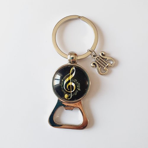 Porte clef décapsuleur noir jaune musicien musique clé de sol lyre idée cadeau anniversaire noël professeur