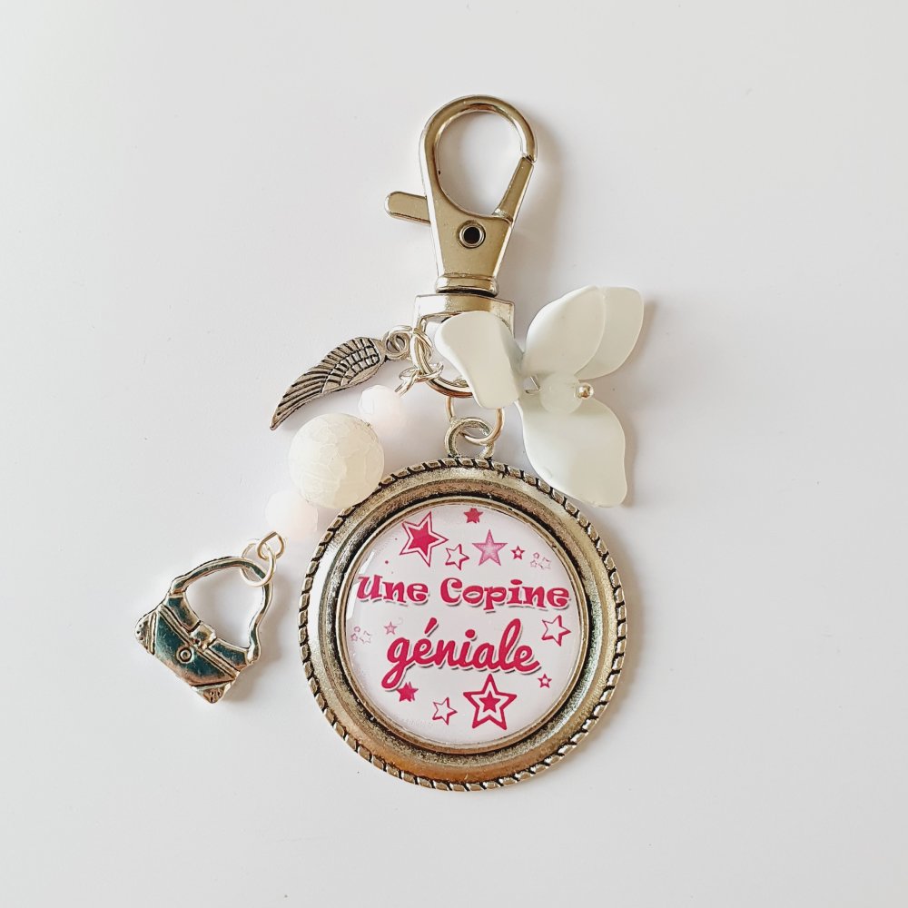Porte clés copine géniale cadeau d'amitié rose et blanc fleur - Un