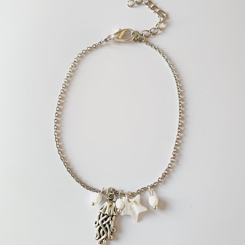 Bracelet de cheville argenté blanc méduse pieuvre étoile en nacre idee cadeau anniversaire fête des mères femme