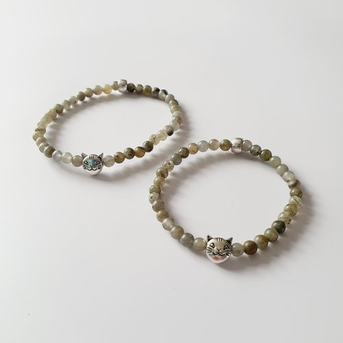Duo mere fille  bracelets perles naturelles labradorite grise chat -  elastique - idée cadeau fête des mères anniversaire