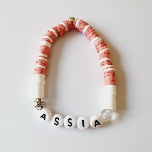 Bracelet prénom heishi enfant ou adolescent ou adulte vueux rose blanc elastique - idée cadeau fête anniversaire