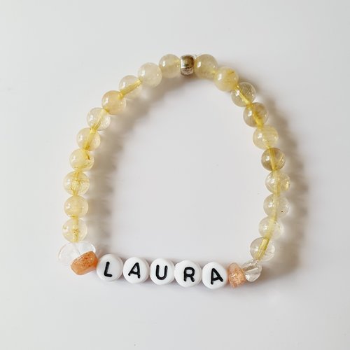 Bracelet prénom ou lettres citrine cristal de roche pierre de soleil perles naturelles idée cadeau anniversaire fête des mère