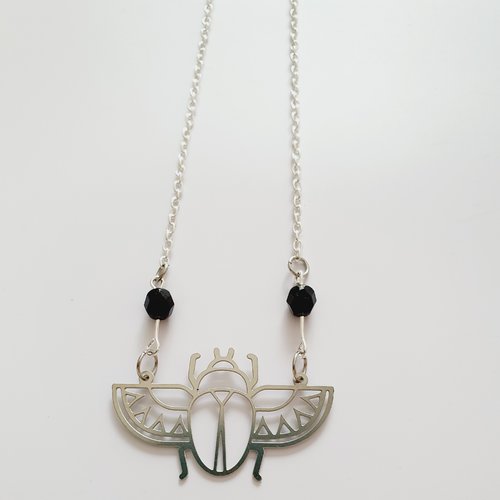 Collier pendentif scarabée chaîne métal argenté - idee cadeau noël fete anniversaire femme