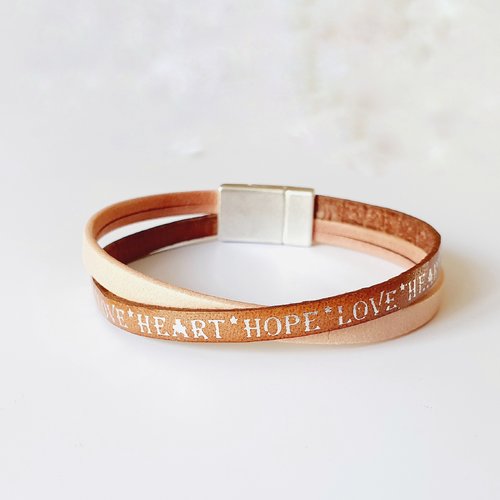 Bracelet femme cuir marron écritures hope heart fermoir aimanté magnétique taille personnalisable idée cadeau anniversaire