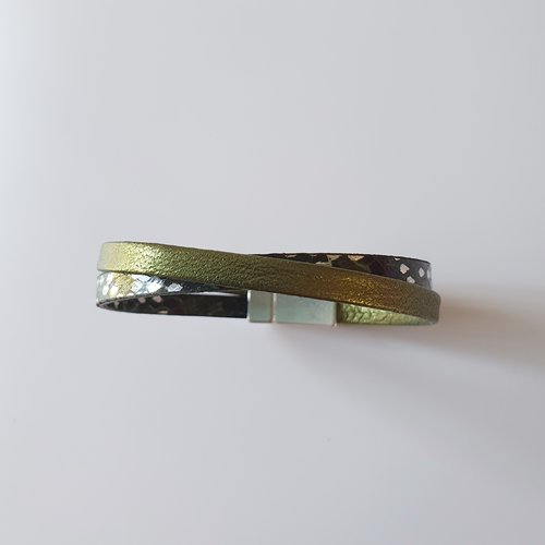 Bracelet femme cuir kaki métallisé fermoir aimanté magnétique taille personnalisable idée cadeau anniversaire
