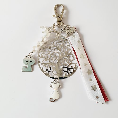 Porte clefs bijou de sac arbre de vie chats rubans blanc argenté - idée cadeau noël fêtes anniversaire