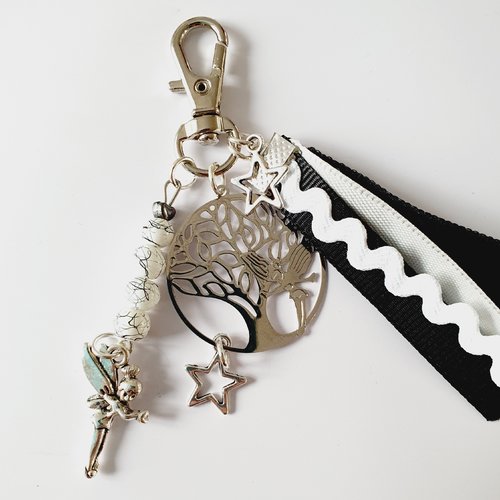 Porte clefs bijou de sac arbre de vie fée rubans noir blanc argenté - idée cadeau noël fêtes anniversaire