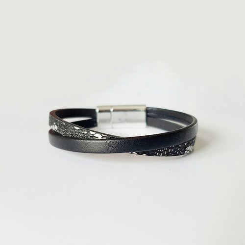 Bracelet femme cuir noir et imprimé effet dentelle argenté fermoir aimanté magnétique taille personnalisable idée cadeau anniversa