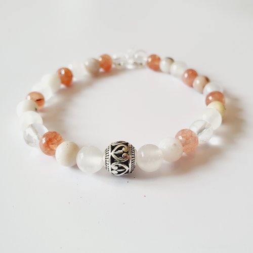 Bracelet femme apaisement et bonheur perles naturelles sélénite, opale rose, pierre de soleil et cristal de roche