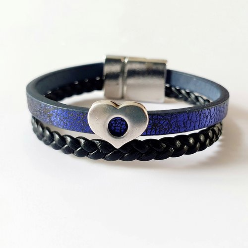 Bracelet enfant en cuir bleu et noir - coeur argenté - fermoir aimanté - mesure personnalisable