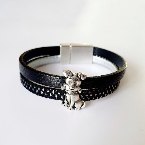 Bracelet enfant chien en cuir noir argenté - fermoir aimanté - mesure personnalisable