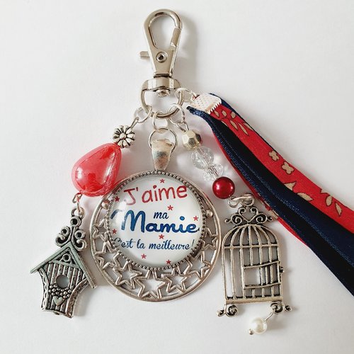 Porte clef j'aime ma mamie liberty rouge et bleu  idée cadeau noël fête des mamies grand-mère anniversaire