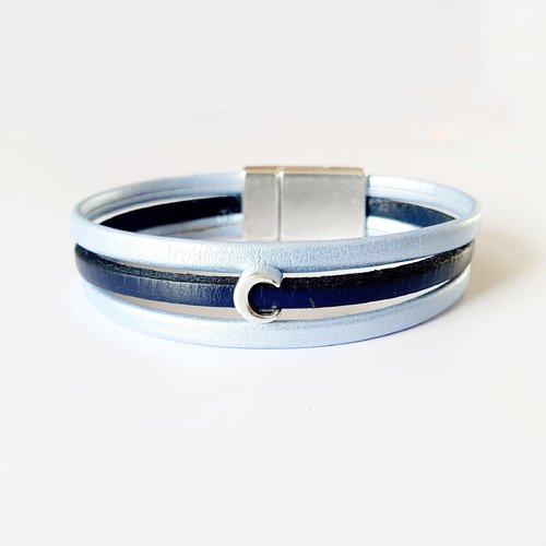 Bracelet enfant lune argentée cuir bleu métallisé et bleu marine - fermoir aimanté - mesure personnalisable