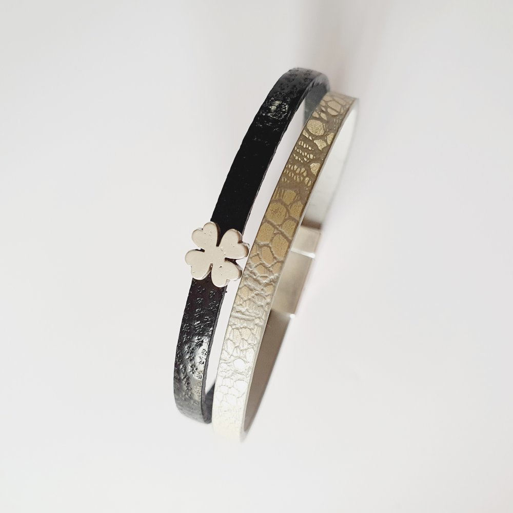 Bracelet femme cuir noir et gris trèfle à quatre feuilles argenté fermoir  aimanté taille personnalisable idée cadeau noël anniversaire - Un grand  marché