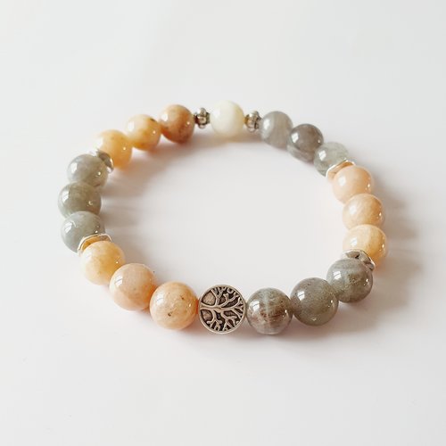 Bracelet femme energie et intuition arbre de vie perles naturelles labradorite, pierre de lune et pierre de soleil