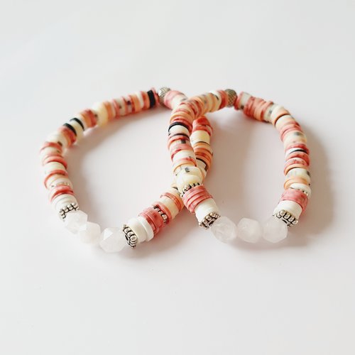 Duo mere / fille / fils bracelets quartz rose et heishi rose elastique - idée cadeau fête des mères anniversaire maman enfant