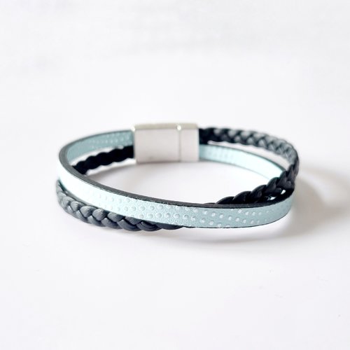 Bracelet cuir femme bleu clair bleu marine tressé argenté fermoir aimanté magnétique