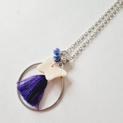 Collier enfant violet papillon nacre et pompon - idée cadeau anniversaire fête pâques