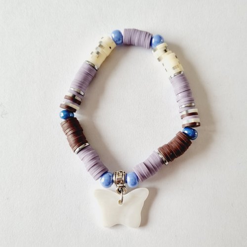 Bracelet Enfant Bleu Mauve Violet Papillon En Nacre Et Perles Heishi Un Grand Marche