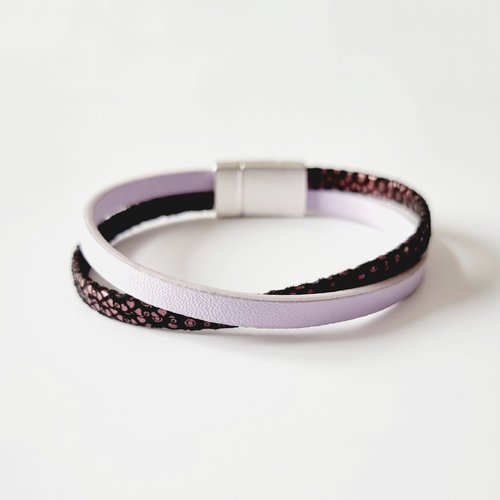 Bracelet cuir femme mauve noir violet argenté fermoir aimanté magnétique