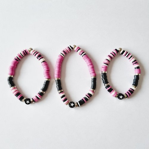 Trio mere / fille bracelets heishi rose noir étoiles elastique