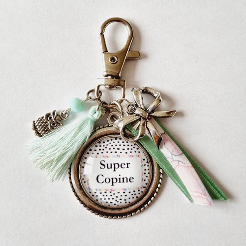 Porte clés super copine cadeau d'amitié liberty pompon vert d'eau et rose pastel