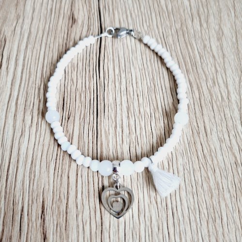 Bracelet de cheville coeur blanc nacré perles idee cadeau anniversaire fête des mères femme