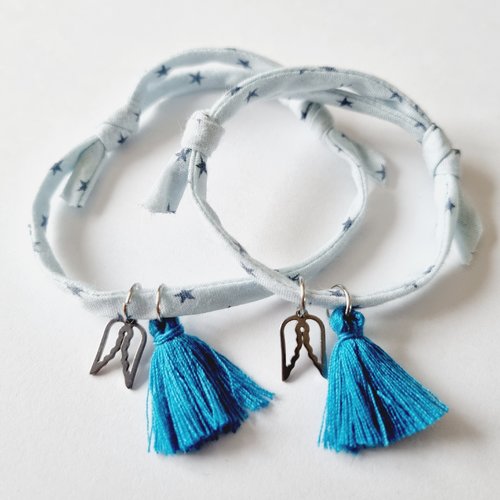 Duo mere / fille bracelets liberty bleu étoiles ailes d'ange et pompon adaptable idée cadeau fête des mères anniversaire