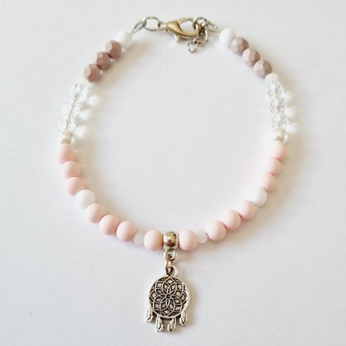 Bracelet de cheville attrape rêves rose clair blanc nacré perles idee cadeau anniversaire fête des mères femme
