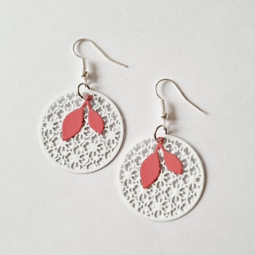 Boucles d'oreilles feuille rose et blanc - estampe idée cadeau anniversaire femme