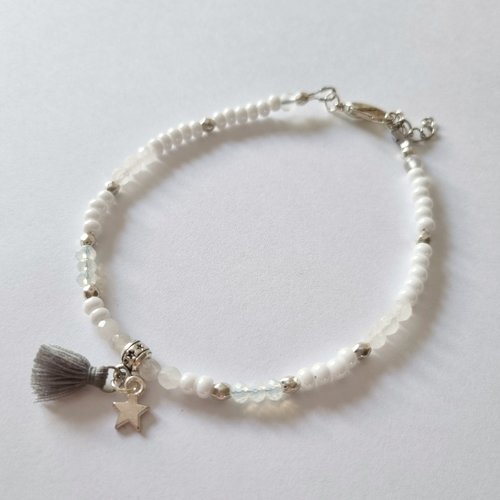 Bracelet de cheville perles blanc étoile et pompon gris idee cadeau anniversaire femme