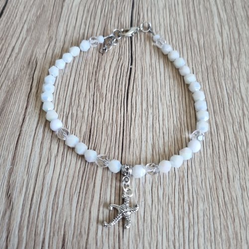 Bracelet de cheville étoile de mer perles blanches facettes brillant idee cadeau anniversaire femme