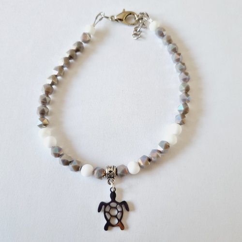 Bracelet de cheville tortue perles mauve grisé facettes brillant idee cadeau anniversaire femme