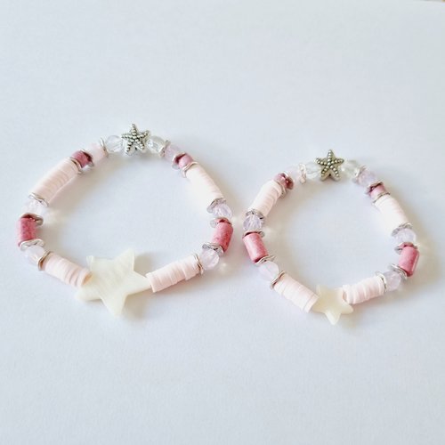 Duo ou trio mere / filles bracelets heishi rose étoiles en nacre élastique