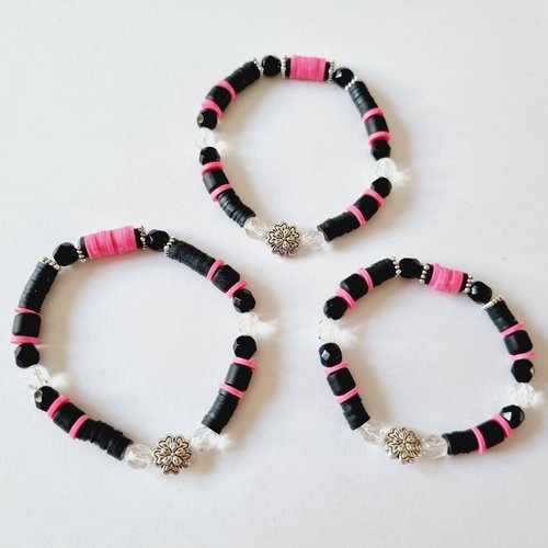 Duo ou trio mere / filles bracelets heishi rose et noir argenté élastique