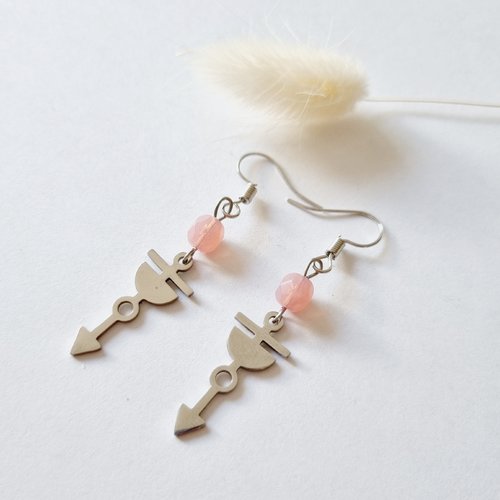 Boucles d'oreilles perles roses et flèches argentées inoxydable - idée cadeau fête des mères femme anniversaire